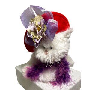 Ganz White Plush Cat Victorian Innocence Red Velvet Hat & Purple Feather Scarf